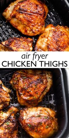 air fryer chicken thighs in a pan with the words, air fryer chicken thighs