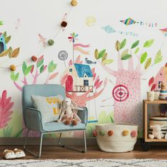 a child's room decorated with colorful wallpaper and toys, including a chair