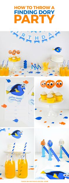 an orange and blue fish themed birthday party is featured in this image with the words how to throw a finding dory party