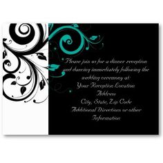 an elegant black and white save the date card with swirls, leaves and flowers