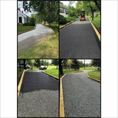 four different views of a driveway being paved