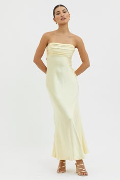 Moon Song Strapless Laced Back Dress Sun Luxury Cream Strapless Dress, Wedding Fits, Moon Song, Cabo Wedding, Selfie Leslie, Ruched Maxi Dress, Yellow Bridesmaids, Prom Dress Inspiration, Butter Yellow