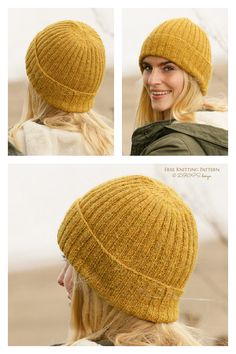 a woman with blonde hair wearing a yellow knitted hat