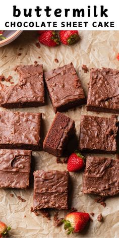 chocolate sheet cake cut into squares with strawberries on the side and text overlay that reads buttermik chocolate sheet cake