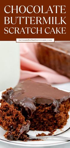 Close up of chocolate buttermilk cake with a fork on a white plate and text overlay. Pumpkin Buttermilk Cake, Buttermilk Fudge, Pumpkin Buttermilk, Buttermilk Brownies, Chocolate Buttermilk Cake, Buttermilk Glaze, Buttermilk Cake, Dutch Cocoa