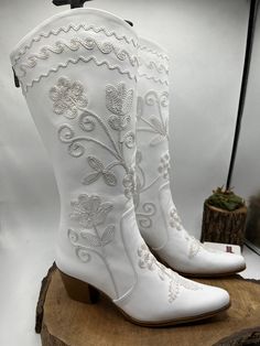 This is embroidery genuine leather custom made cowboy style suzani boots. There is every size available. Made with genuine leather, yok zipper. There is 2 inches, 5 cm heel. Knee high boots. If you need wider calf size please send us your calf circle measurments. Custom boots. Waterproof. Very comfy. We have door to door express shipping service. If you have any question please contact with us. bemyboots.etsy.com  Thank You White Round Toe Heeled Boots For Western Events, White Western Boots For Western-themed Events, White Snip Toe Heeled Boots For Ranch, White Western-style Fitted Heeled Boots, White Fitted Western-style Heeled Boots, White Leather Boots For Western-themed Events, White Western Style Mid-calf Boots For Western-themed Events, White Snip Toe Heeled Boots For Rodeo, White Snip Toe Mid-calf Boots For Western-themed Events