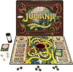 the jumanji board game is on display with its contents and instructions to play