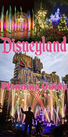 the disneyland planning guide is shown with fireworks and lights in the background, and people standing around