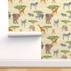 an animal themed wallpaper with zebras, giraffes and elephants on it