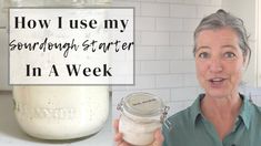 a woman is holding a jar of food in front of a white brick wall with the words how i use my gourdrying starter in a week