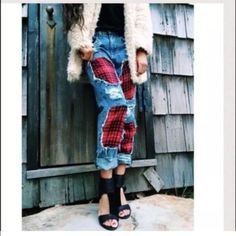 Nwt $345+Tax Carmar Boyfriend Jeans Distressed With Red Flannel Patches. Trendy Yet Comfortable. Flannel Patched Jeans, Red Flannel, Cuffed Jeans, Acid Wash Denim, Patched Jeans, Jeans Distressed, Red And Black Plaid, Jeans Boyfriend, Black Plaid