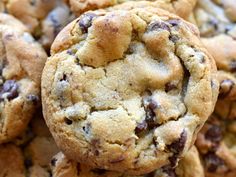 chocolate chip cookies stacked on top of each other