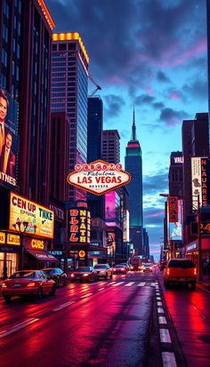 the las vegas sign is lit up at night in front of tall buildings and neon lights