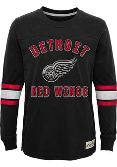 Detroit Red Wings Apparel | Detroit Red Wings Clothing | Detroit Red Wings Gear Long Sleeve T-shirt With Team Logo For Streetwear, Throwback Long Sleeve T-shirt For Sports Events, Throwback Long Sleeve Tops With Team Logo, Throwback Long Sleeve T-shirt For College, Long Sleeve Team Logo T-shirt For Streetwear, Red Sporty Crew Neck T-shirt, Three Stripes Tops For Team Spirit Fan Gear, Varsity Long Sleeve T-shirt With Team Logo, Long Sleeve Varsity T-shirt With Team Logo