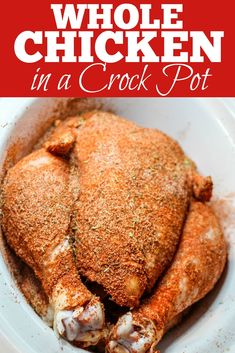 whole chicken in a crock pot with text overlay