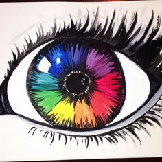 a drawing of an eye with rainbow colored irises on it's irise