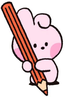 a pink bear holding a pencil in its paws and leaning on it's back