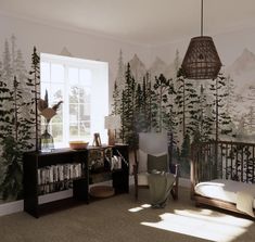 a baby's room with a crib, bookshelf and wallpaper