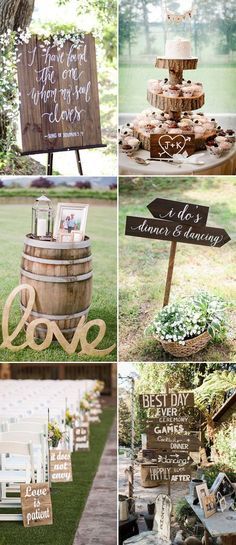 wedding decorations and signs on display in the grass at an outdoor venue with wooden barrels