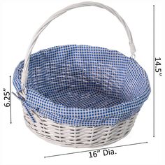 a basket with blue and white gingham fabric on the bottom, measurements for it