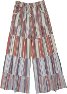 A pair of white-toned cotton wide-leg pants is the summer essential for the year.  With a drawstring waist, these pants ensure absolute comfort. #tlb #SplitSkirtsPants #Patchwork #Striped #fashiondeal #BohemianPants Summer Wide Leg Pants With Pockets In Multicolor, Summer Multicolor Wide Leg Pants With Pockets, Relaxed Fit Patchwork Bottoms For Summer, Spring Patchwork Wide Leg Pants, Multicolor Cotton Wide Leg Hippie Pants, Multicolor Cotton Wide Leg Pants With Pockets, Casual Multicolor Cotton Wide Leg Pants, Multicolor Wide Leg Summer Pants, Summer Wide Leg Patchwork Pants