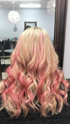 Cute Hair Lengths, Blonde Hair With Pink Streaks, Pink Underdye Hair, Pink And Blonde Hair, Pink Peekaboo Hair, Hair With Pink Highlights, Blonde Hair With Pink, Pink Hair Streaks, Pink Hair Highlights