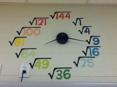 a clock with numbers painted on it in the middle of a wall and an electrical outlet