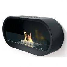 a black wall mounted fireplace with two flames