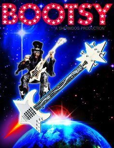 the poster for bootsy is shown with an image of a guitar and stars on it