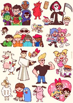 various cartoon characters are grouped together