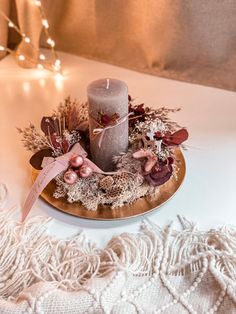 a candle is sitting on a plate with flowers