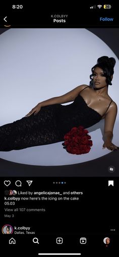 an image of a woman laying down with roses in her lap and the caption below