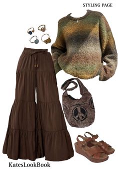 Fashion, style, hippie, hippie fashion, earth, earthy, hippie aesthetic, boho, boho style, comfy outfit, casual outfit, earth tones Comfy Cute Aesthetic Outfits, 70s Earth Tones Outfit, Spring Outfits Earthy, Boho Outfit Board, Formal Earthy Outfits, Winter Hippe Outfit, Boho Aesthetic Clothing, Earthy Look Outfits, Cold Weather Earthy Outfits