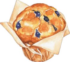 a watercolor painting of a blueberry muffin wrapped in paper