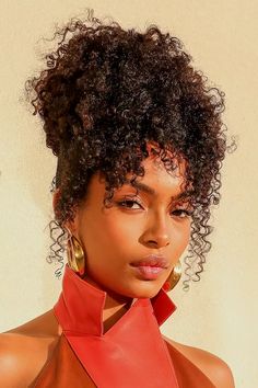 Curtain Bangs Afro Hair, Updos Using Braiding Hair, Curly Updo With Bangs Black Women, Closure Sew In Bangs, Natural Updo With Bangs, Black Curly Wedding Hair, Curly Hair Bun With Bangs, Brain Hairstyles, Curly Up Do Hair Styles For Black Women