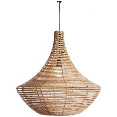 a hanging light made out of wicker with a black cord on the end and a white background