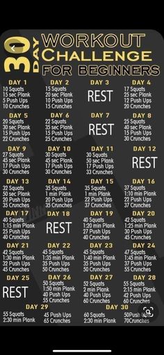 the workout challenge for beginners is shown in black and gold, with yellow lettering