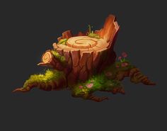 a tree stump with moss growing on it's sides and an animal in the center