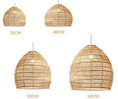 three different types of hanging lights with measurements