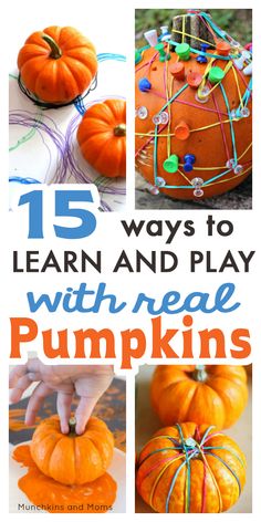 pumpkins with text overlay that says 15 ways to learn and play with rectangle pumpkins