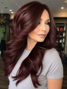 30 Hair Color Ideas For 40-Year-Old Moms Auburn Plum Hair, Burnt Cherry Hair Color, Dark Red Hair With Money Piece Only, Ref Hair Color Ideas, Long Mahogany Hair, Fall Hair Colors All Over Color, Fall Hair Colors With Red, Red Brown Hair Hazel Eyes, Mahoney Hair Color