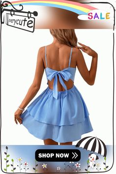 Light Blue Back Bowknot Spaghetti Strap Mini Dress Blue Sundress With Spaghetti Tie Straps, Blue Summer Sundress With Tie Straps, Light Blue Spaghetti Strap Dress With Tie Straps, Mini Dress With Bow Spaghetti Straps For Day Out, Chic Blue Sundress With Adjustable Straps, Light Blue Dress With Spaghetti Tie Straps, Chic Blue Dress With Bow Tie Back, Light Blue Spaghetti Strap Dress With Tie Back, Chic Blue Sundress With Tie Straps