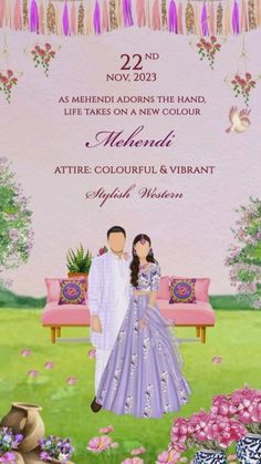 a wedding card with an image of two people in formal attire standing next to each other