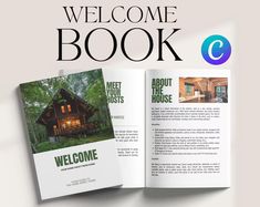 an open book with the title'welcome book'in front of it and a photo of a log cabin