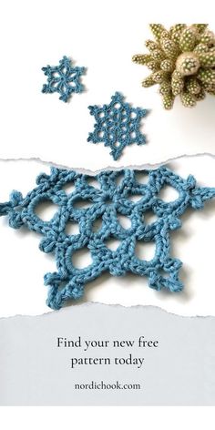 two crocheted snowflakes with the words find your new free pattern today