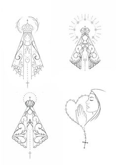 four different designs for the dress and tiara, each with an image of a woman's face