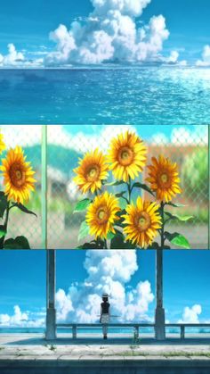 the sunflowers are in front of an ocean view from inside a window with a person looking at them