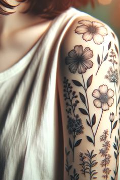 a woman's arm with flowers and leaves painted on the back of her arm