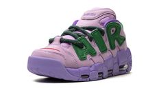 The AMBUSH x Women’s Nike Air More Uptempo Low “Lilac" is a collaboration by the popular luxury jewelry brand and Nike on a contemporary-looking version of the retro basketball sneaker.  The Air More Uptempo Low is the modified low-top version of the ‘90s basketball shoe that was most notably worn by Scottie Pippen with the Chicago Bulls in 1996.  AMBUSH’s take on the silhouette updates its design with a Lilac-colored nubuck construction and oversized, graffiti-inspired Apple Green “AIR” branding on the sides.  A University Red Swoosh is embroidered on the toe.  “AMBUSH” branding appears on the tongue and heel of the midsole.  Additional details include green laces, a pull tab on the heel, and a dark Lilac-colored rubber outsole.  Release date: October 6, 2023 90s Basketball Shoes, Nike X Ambush, Lilac Shoes, 90s Basketball, Nike Air More Uptempo, Nike Air More, Retro Basketball, Scottie Pippen, Luxury Jewelry Brands