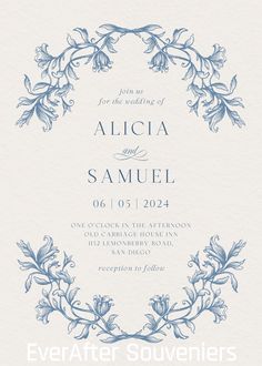 an ornate frame is the centerpiece of this wedding card, which features blue flowers and leaves